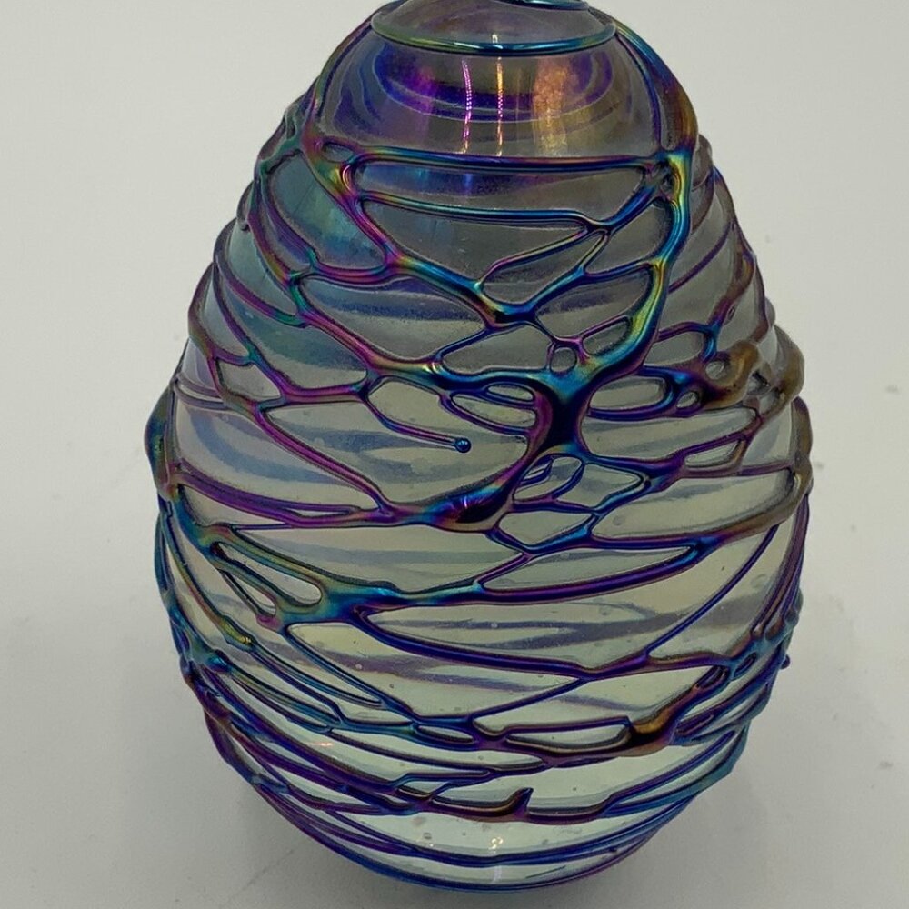 Vintage Iridescent Threaded Egg Paperweight 3 1/2"